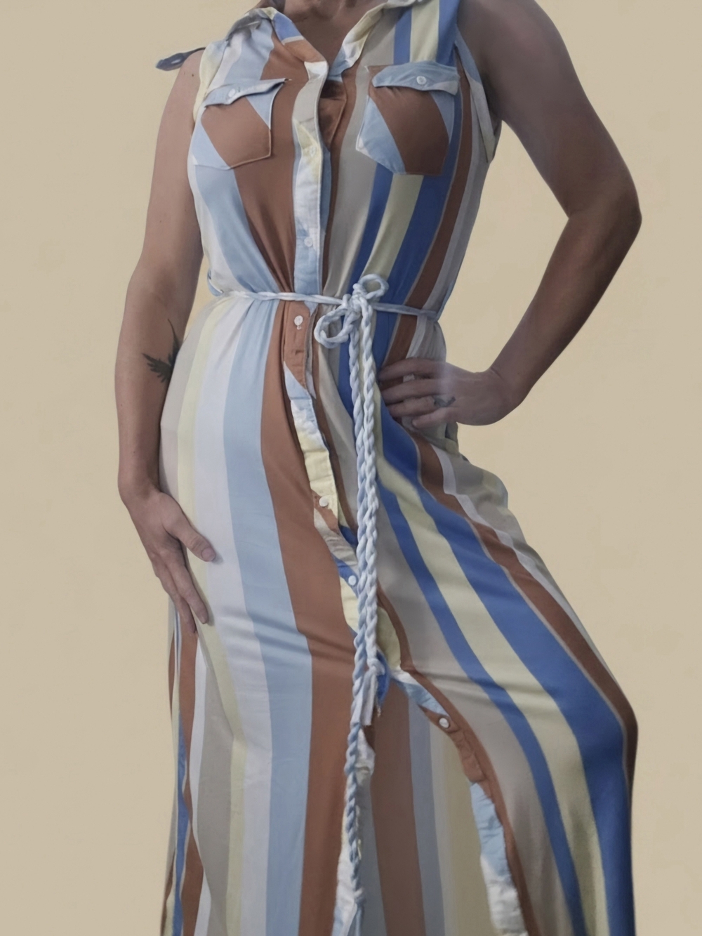 Women’s Striped Button-Front Maxi Dress - Blue, Brown, Cream